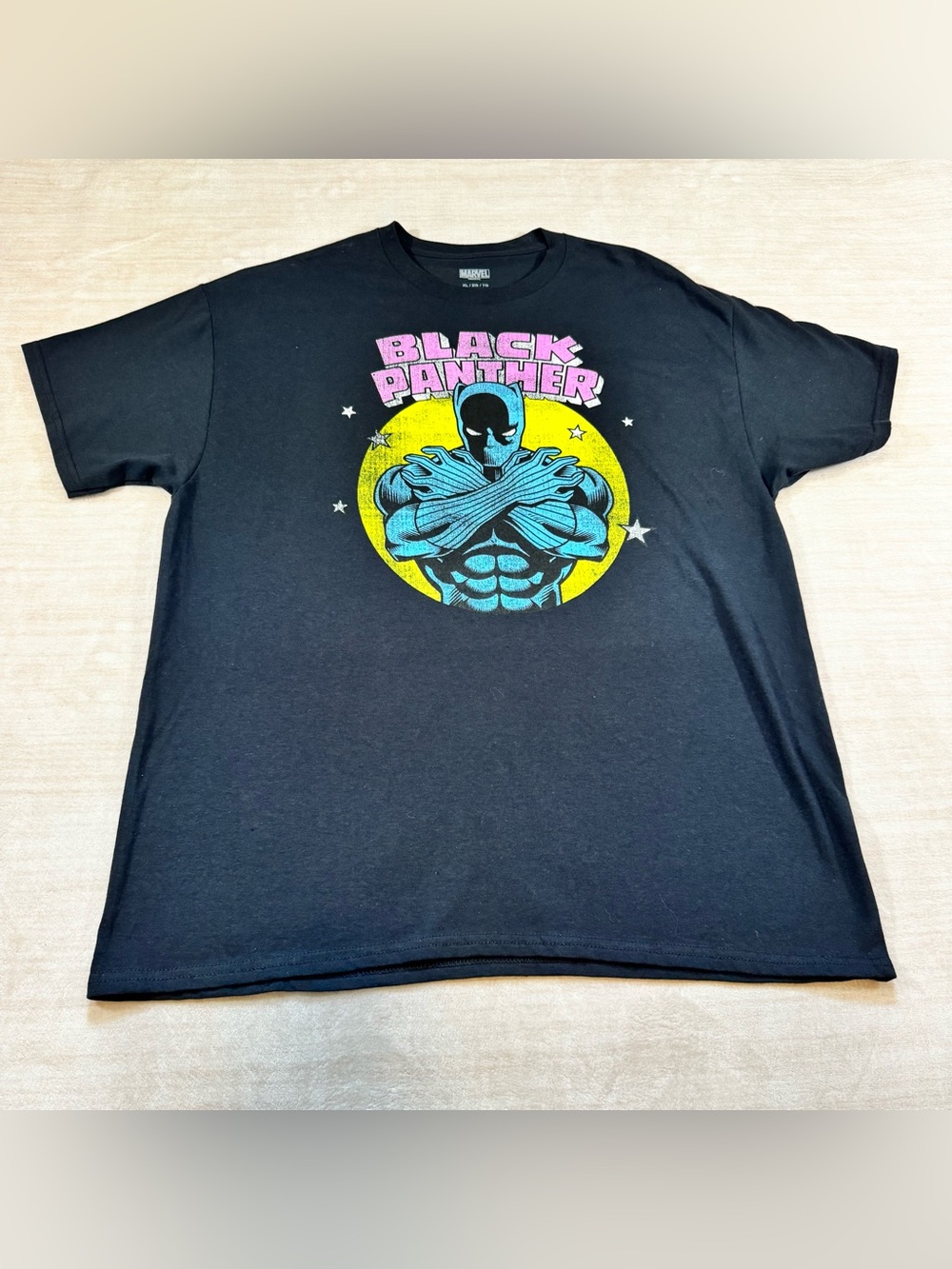Marvel Black Panther Tee in Black with Blue, Yellow, and Pink Graphic